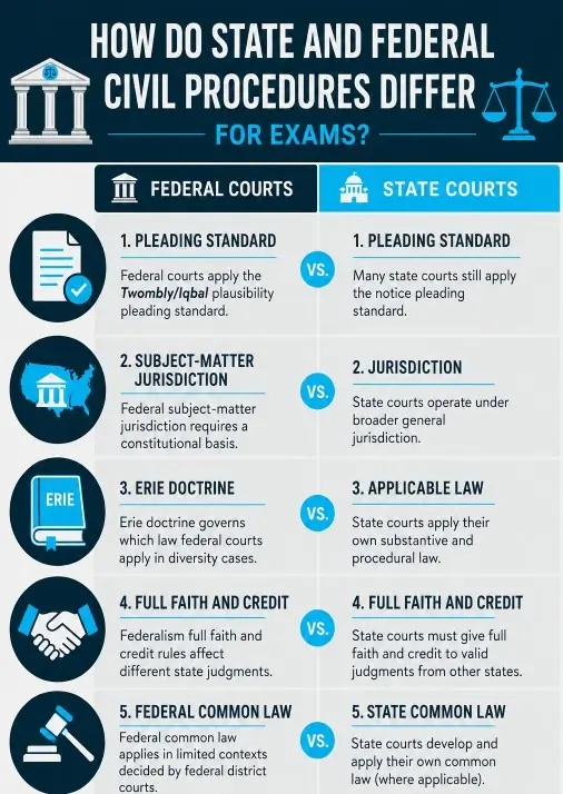 How do state and federal civil procedures differ for exams