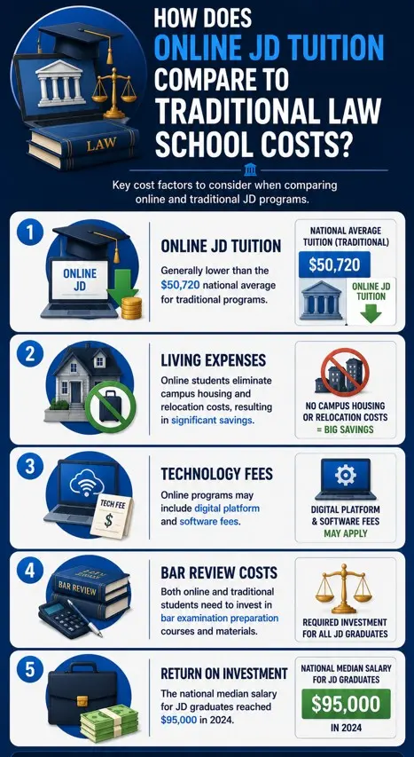 How does online JD tuition compare to traditional law school costs