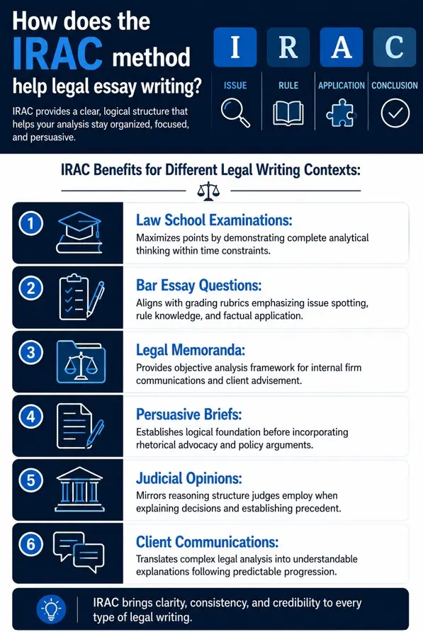 How does the IRAC method help legal essay writing