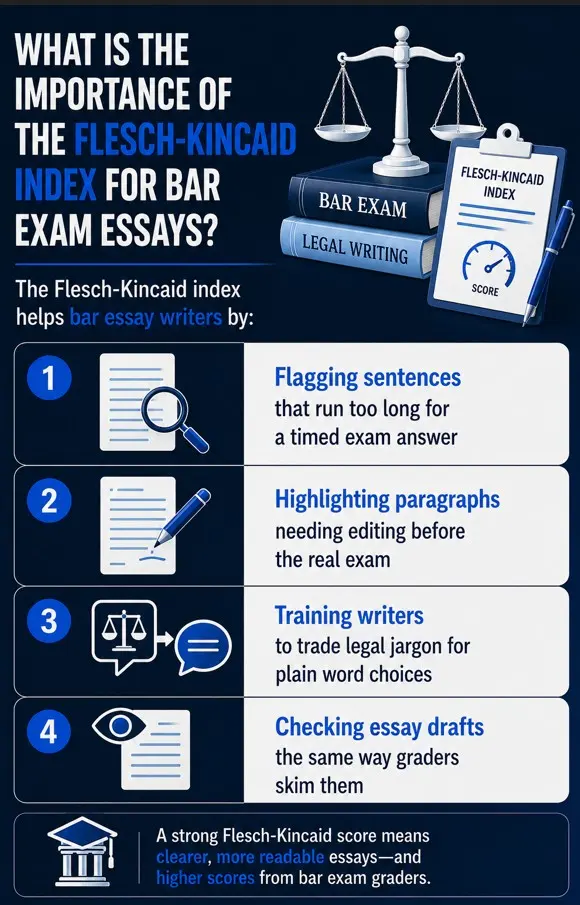 What is the importance of the Flesch Kincaid index for bar exam essays