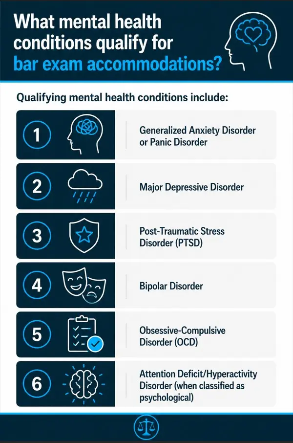 What mental health conditions qualify for bar exam accommodations?